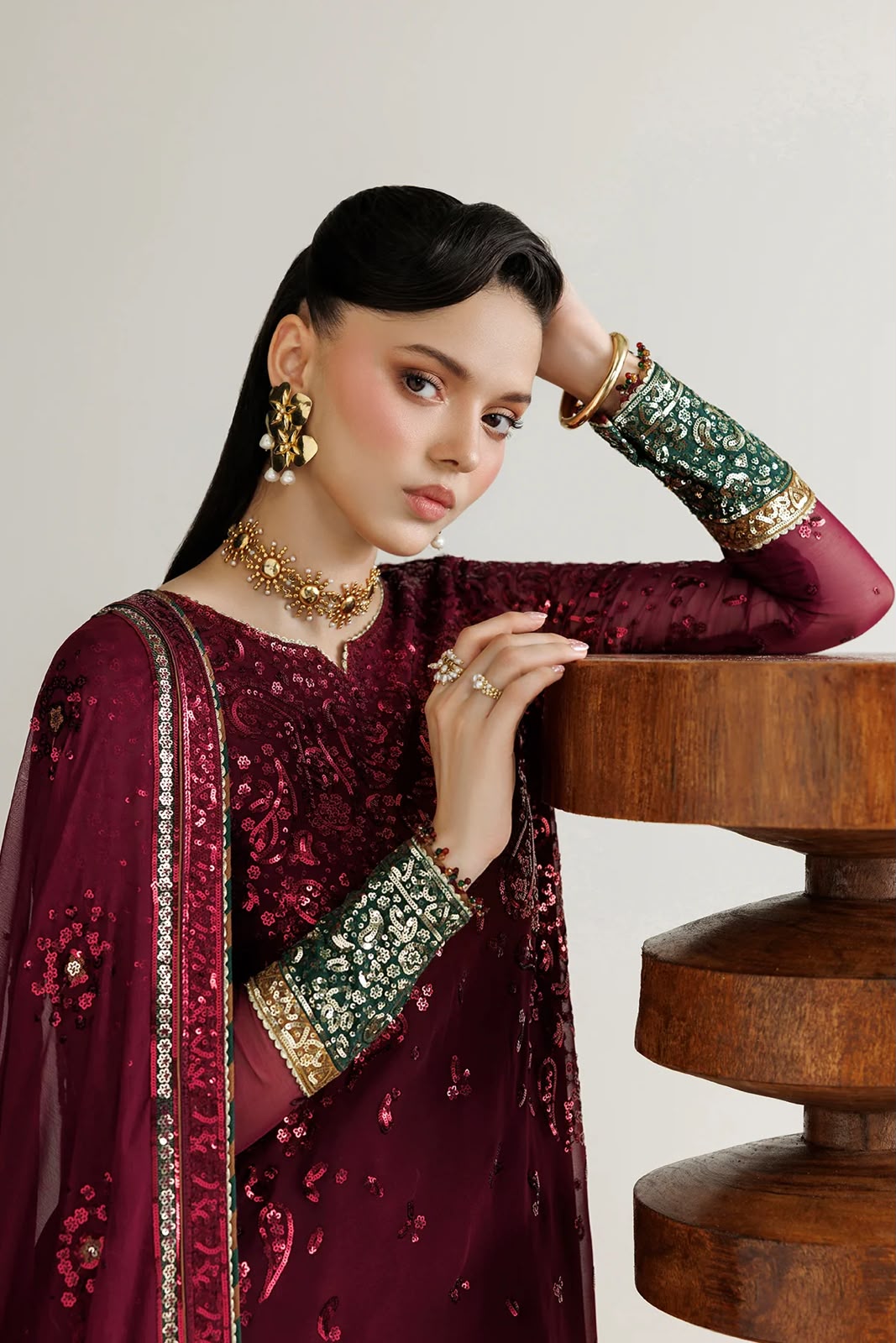 Afsafa Maroon Chiffon Embroidered 3 Piece Suit