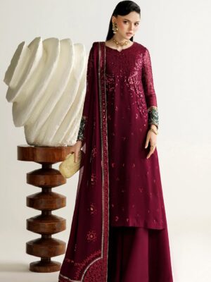 Afsafa Maroon Chiffon Embroidered 3 Piece Suit