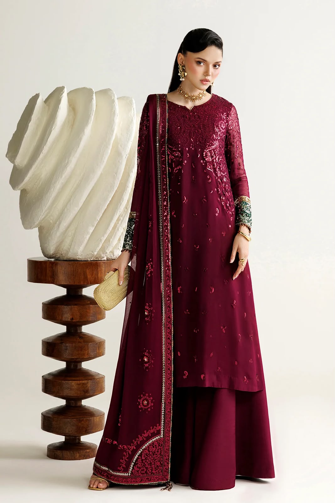 Afsafa Maroon Chiffon Embroidered 3 Piece Suit