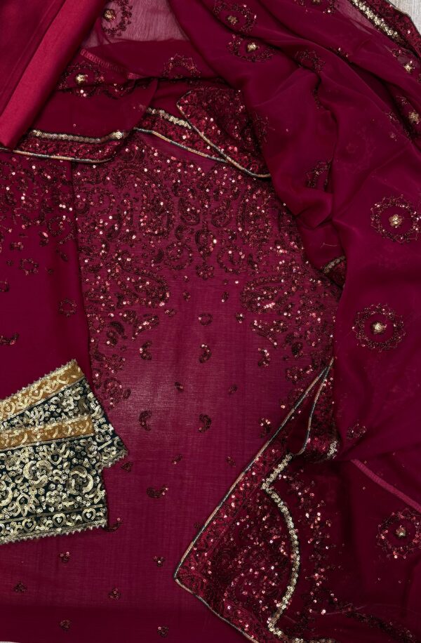 Afsafa Maroon Chiffon Embroidered 3 Piece Suit