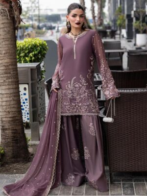 Afsafa Mauve Chiffon Embroidered 3 Piece Suit