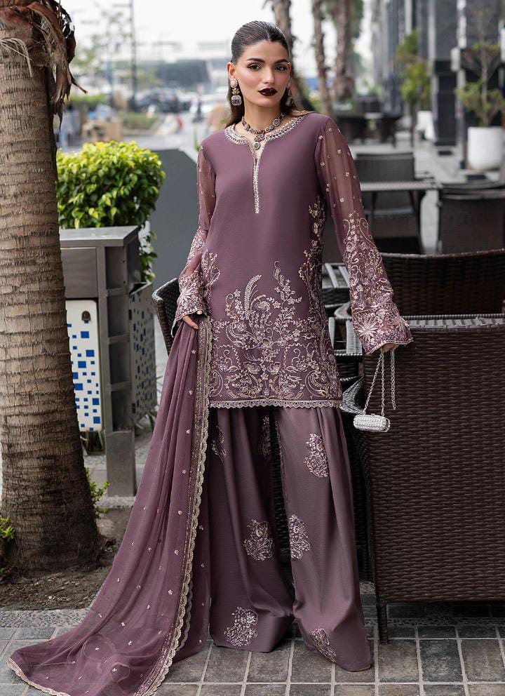 Afsafa Mauve Chiffon Embroidered 3 Piece Suit