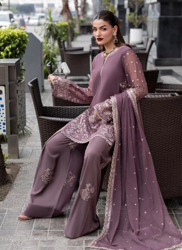 Afsafa Mauve Chiffon Embroidered 3 Piece Suit