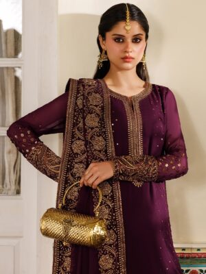 Afsafa Maroon Chiffon Embroidered 3 Piece Suit