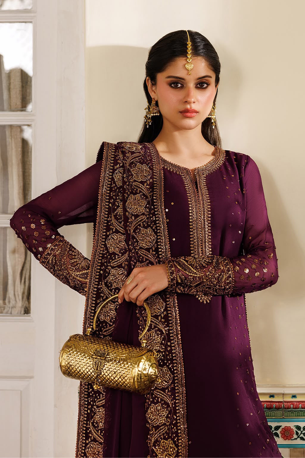 Afsafa Maroon Chiffon Embroidered 3 Piece Suit