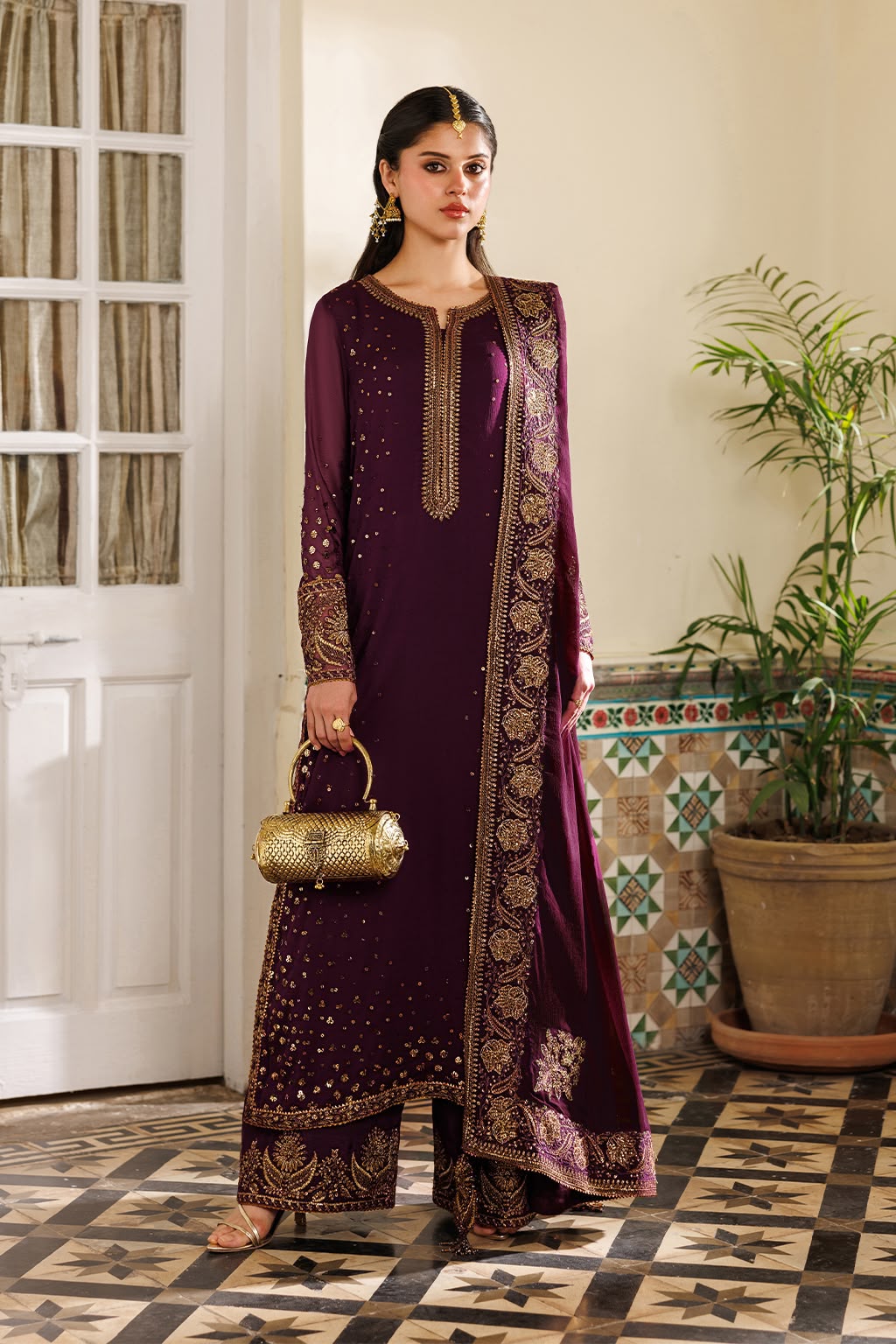 Afsafa Maroon Chiffon Embroidered 3 Piece Suit