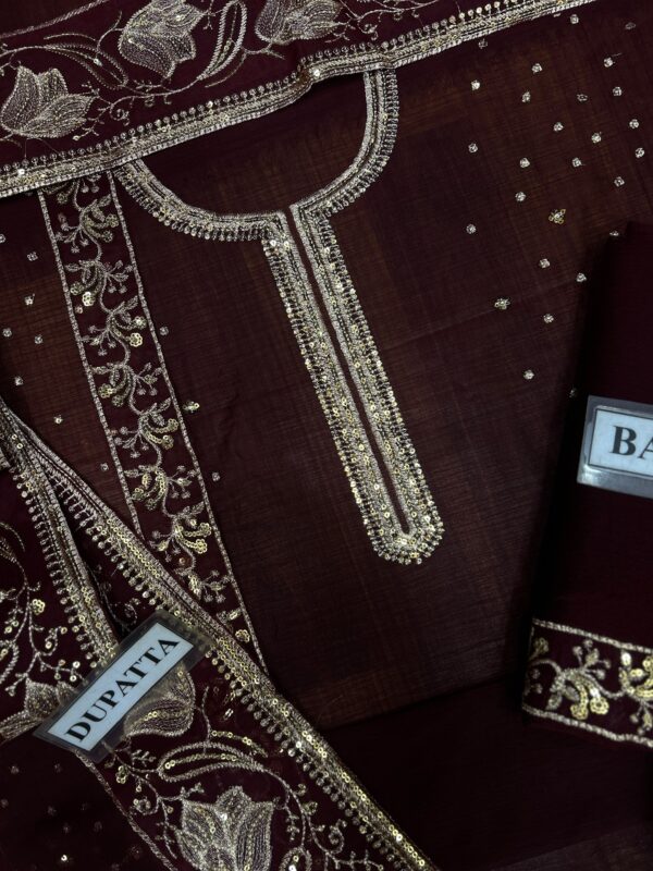 Afsafa Maroon Chiffon Embroidered 3 Piece Suit