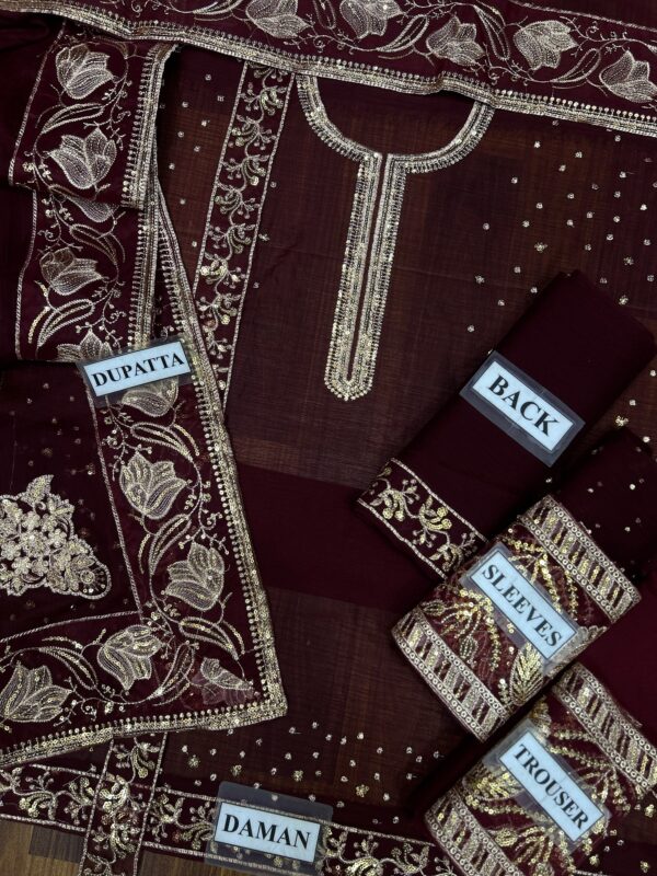 Afsafa Maroon Chiffon Embroidered 3 Piece Suit