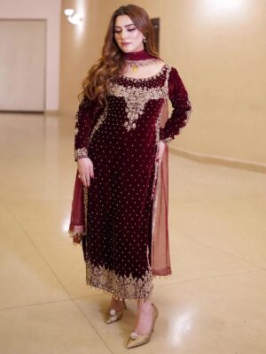 Afsafa Maroon Embroidered Lawn 3 Piece Suit