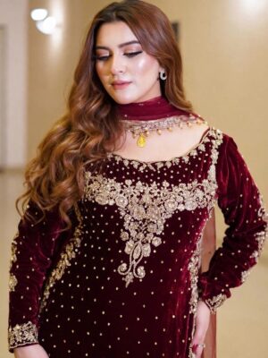 Afsafa Maroon Embroidered Lawn 3 Piece Suit