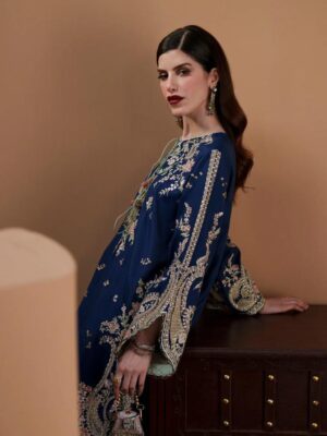 Afsafa Blue Shamooz Silk Embroidered Suit