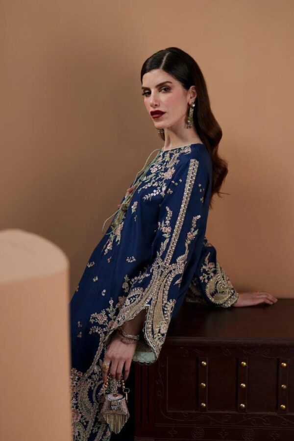 Afsafa Blue Shamooz Silk Embroidered Suit