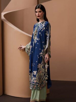 Afsafa Blue Shamooz Silk Embroidered Suit