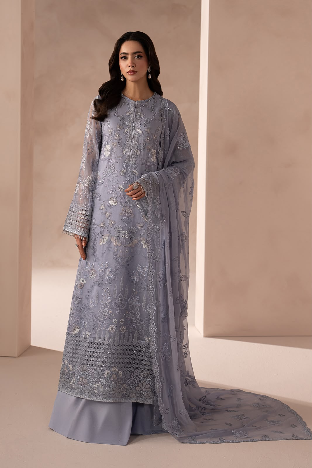 Afsafa Lavender Chiffon Embroidered 3 Piece Suit
