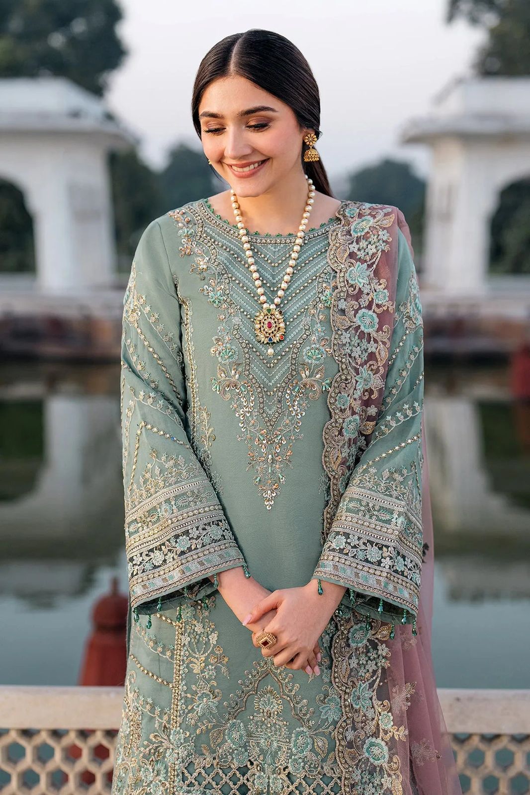 Afsafa Sage Green Embroidered Chiffon 3 Piece Suit
