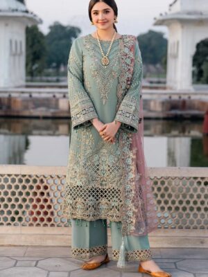 Afsafa Sage Green Embroidered Chiffon 3 Piece Suit