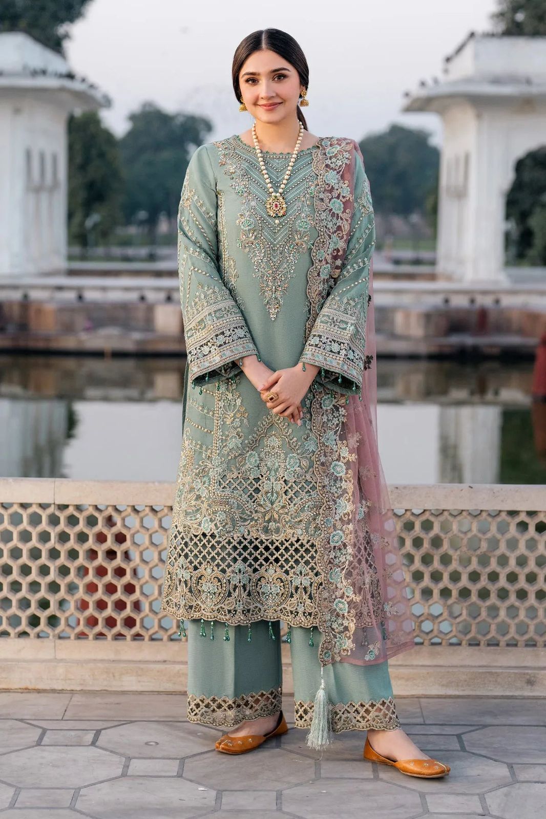 Afsafa Sage Green Embroidered Chiffon 3 Piece Suit