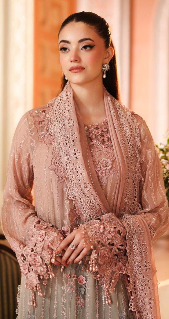 Afsafa Dusty Pink Embroidered Chiffon 3 Piece Suit