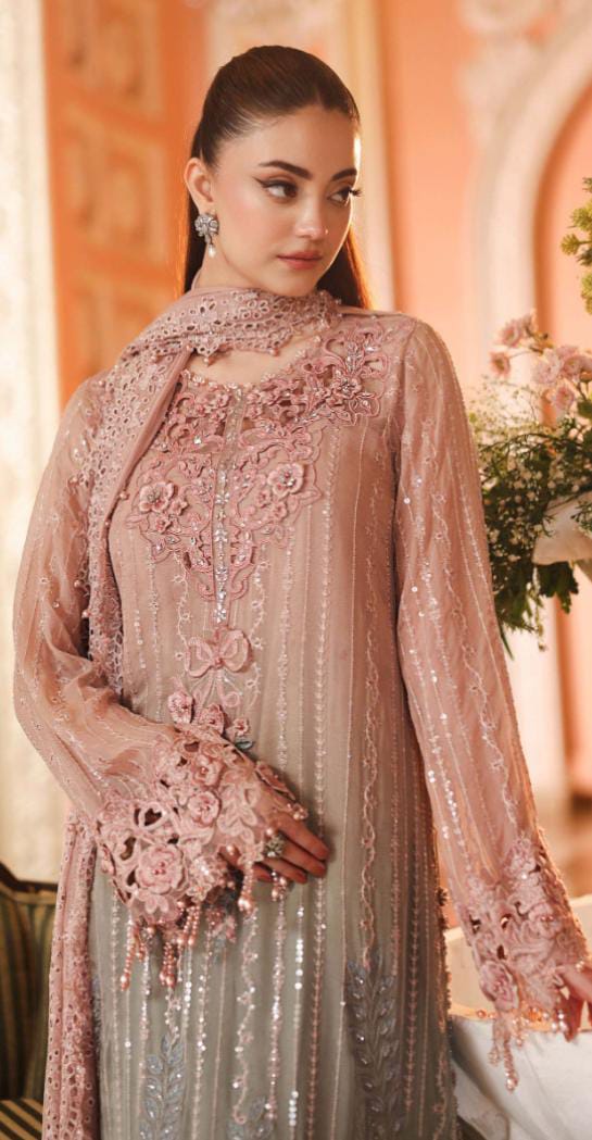 Afsafa Dusty Pink Embroidered Chiffon 3 Piece Suit