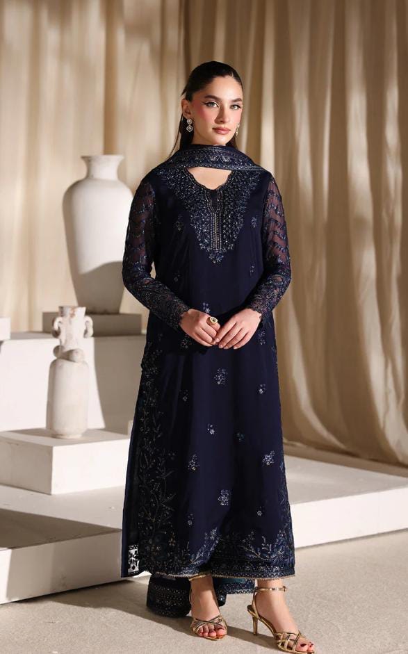 Afsafa Navy Blue Chiffon Sequence 3 Piece Suit