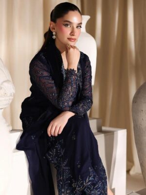 Afsafa Navy Blue Chiffon Sequence 3 Piece Suit