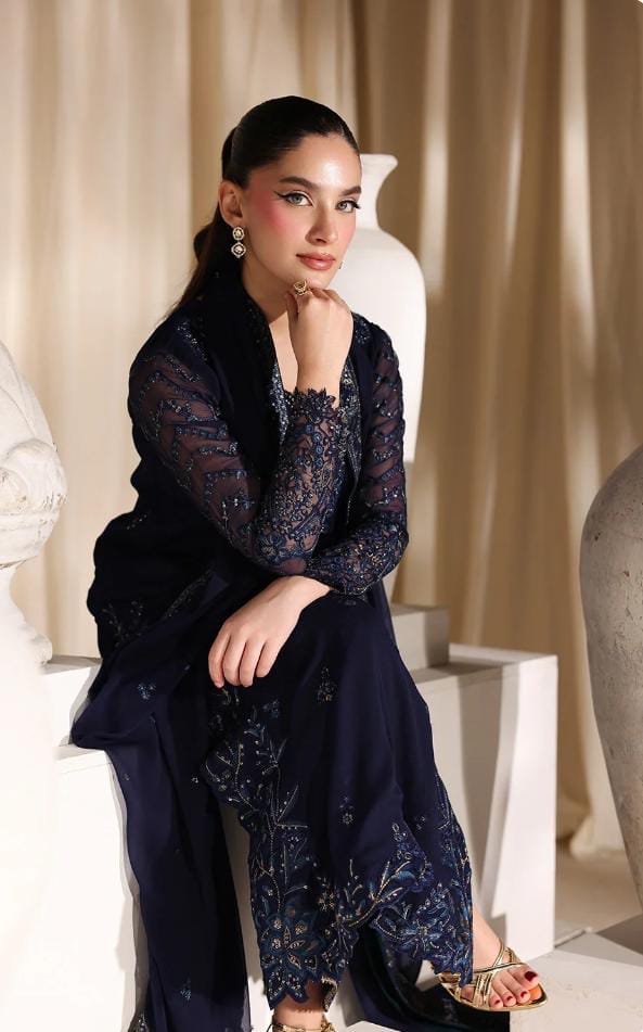 Afsafa Navy Blue Chiffon Sequence 3 Piece Suit