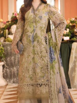 Afsafa Sage Green Digital Printed Embroidered Chiffon 3 Piece Suit