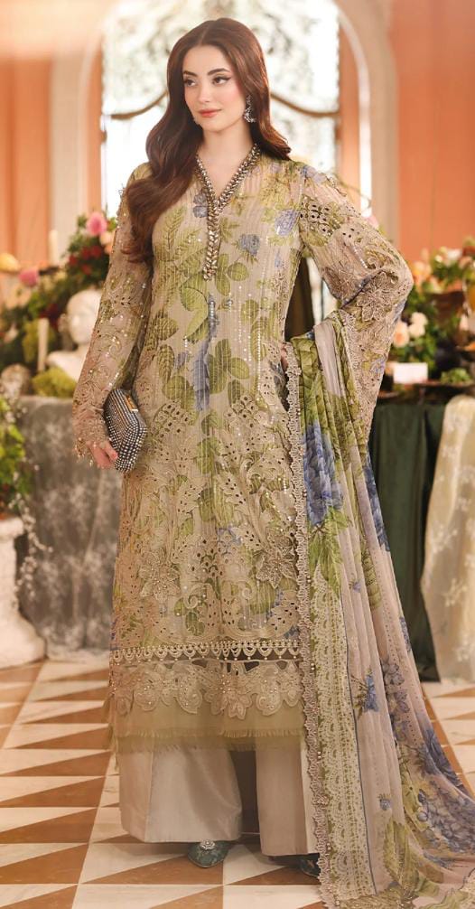 Afsafa Sage Green Digital Printed Embroidered Chiffon 3 Piece Suit