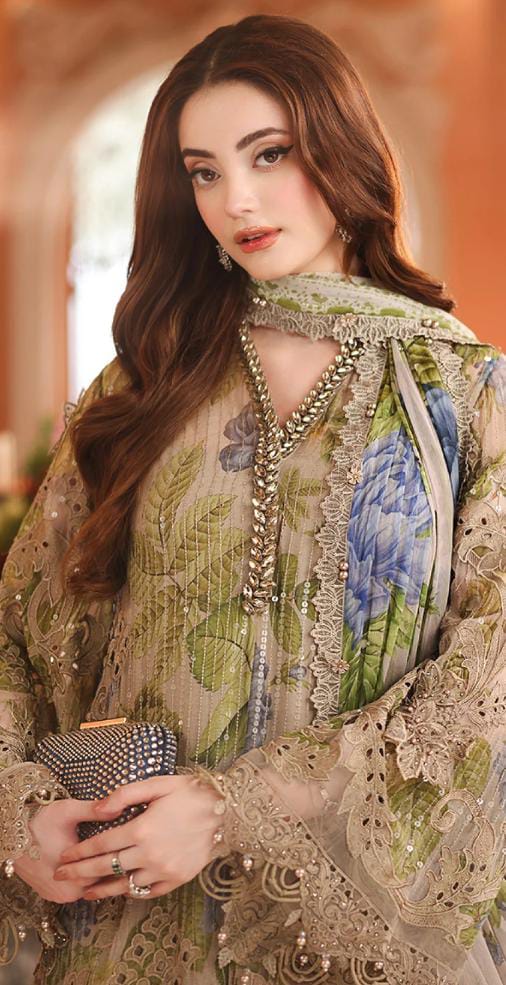 Afsafa Sage Green Digital Printed Embroidered Chiffon 3 Piece Suit