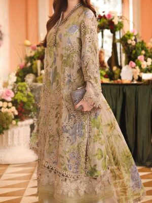 Afsafa Sage Green Digital Printed Embroidered Chiffon 3 Piece Suit