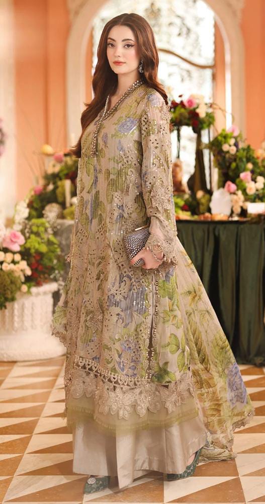 Afsafa Sage Green Digital Printed Embroidered Chiffon 3 Piece Suit