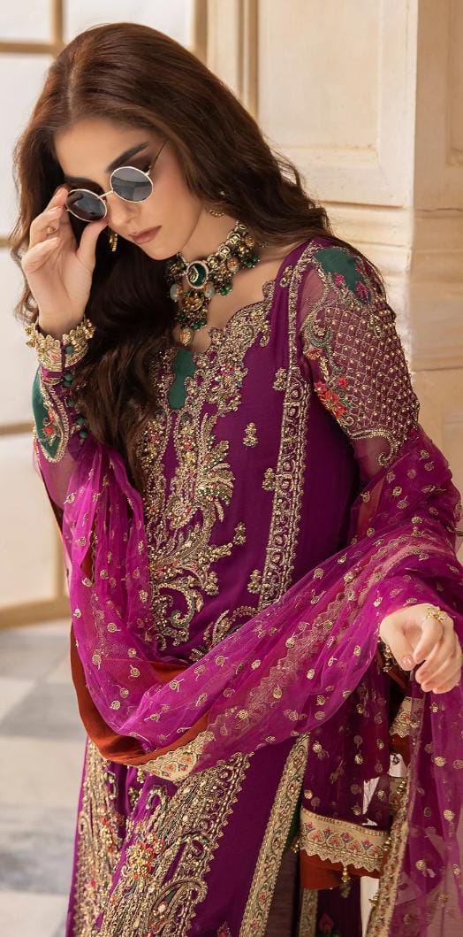 Afsafa Purple Embroidered Chiffon 3 Piece Suit