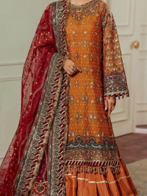 Afsafa Rust Orange Embroidered Chiffon 3 Piece Suit