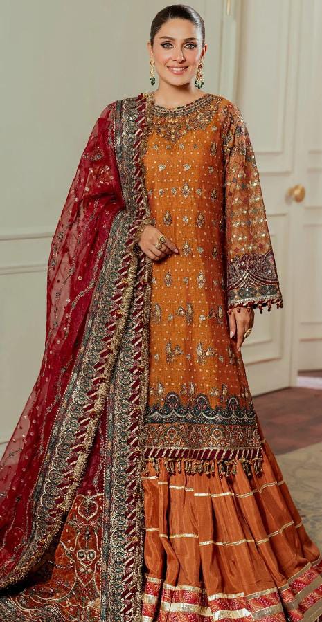Afsafa Rust Orange Embroidered Chiffon 3 Piece Suit