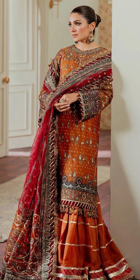 Afsafa Rust Orange Embroidered Chiffon 3 Piece Suit