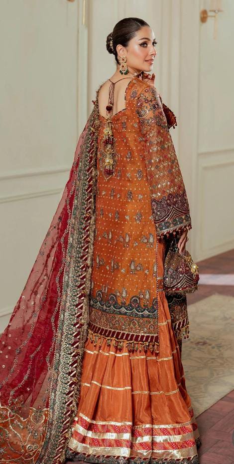 Afsafa Rust Orange Embroidered Chiffon 3 Piece Suit