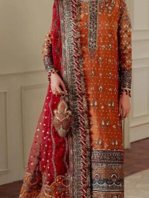 Afsafa Rust Orange Embroidered Chiffon 3 Piece Suit