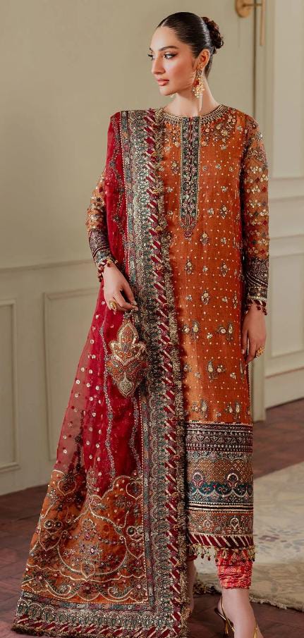 Afsafa Rust Orange Embroidered Chiffon 3 Piece Suit