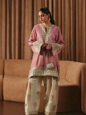 Afsafa Dusty Pink Embroidered Shamooz Silk 3 Piece Suit