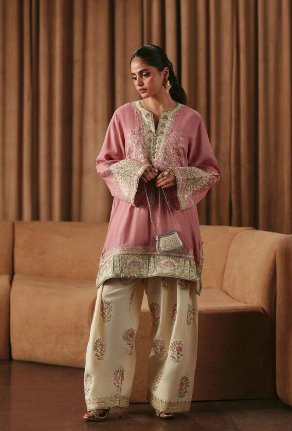 Afsafa Dusty Pink Embroidered Shamooz Silk 3 Piece Suit