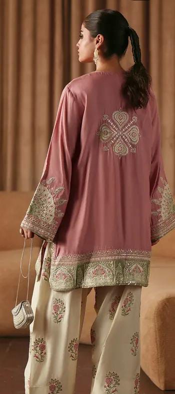 Afsafa Dusty Pink Embroidered Shamooz Silk 3 Piece Suit