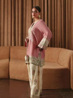 Afsafa Dusty Pink Embroidered Shamooz Silk 3 Piece Suit