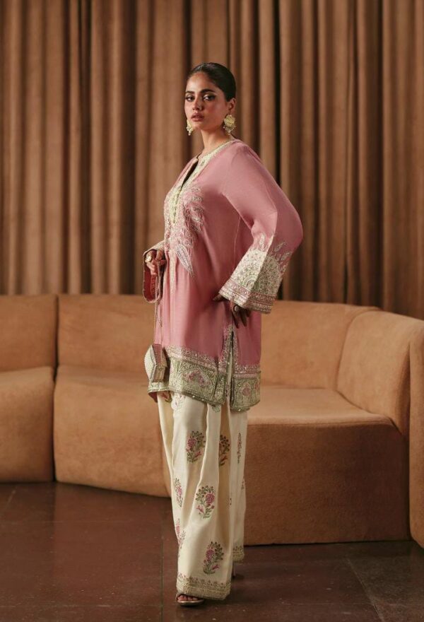 Afsafa Dusty Pink Embroidered Shamooz Silk 3 Piece Suit